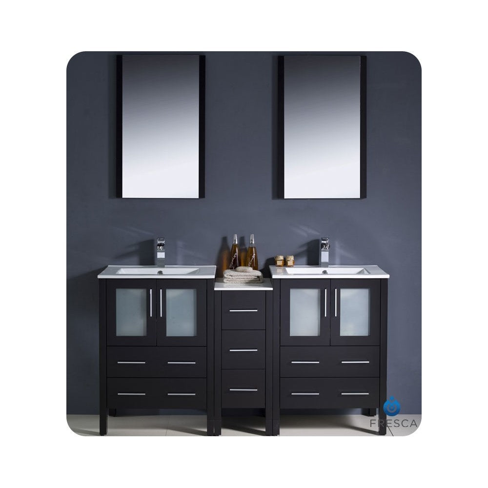 60 Espresso Double Sink Bathroom Vanity w/ Side Cabinet & Integrated Sinks