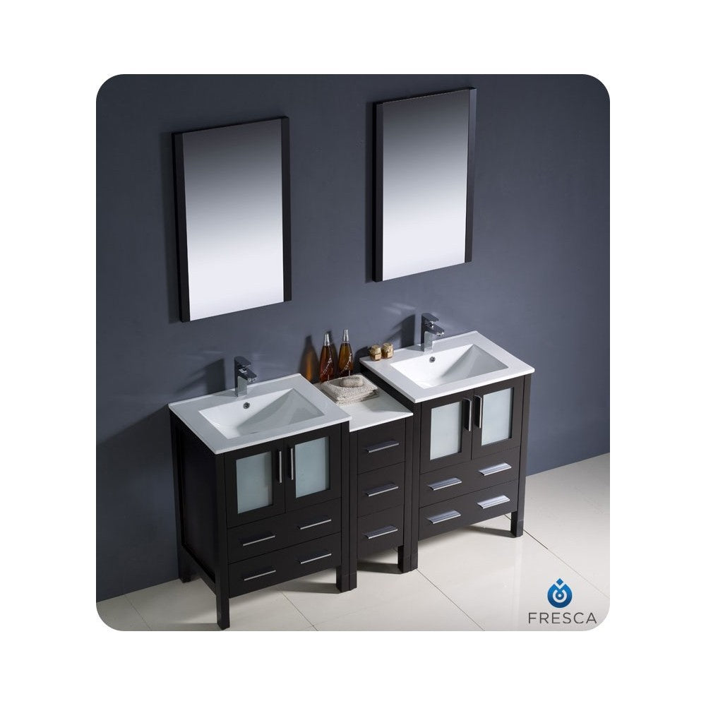 60 Espresso Double Sink Bathroom Vanity w/ Side Cabinet & Integrated Sinks