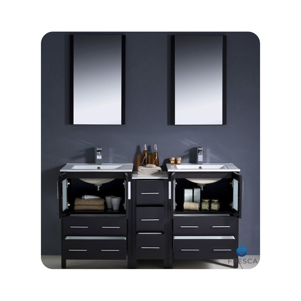 60 Espresso Double Sink Bathroom Vanity w/ Side Cabinet & Integrated Sinks