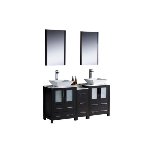 60 Espresso Modern Double Sink Bathroom Vanity w/ Side Cabinet & Vessel Sinks