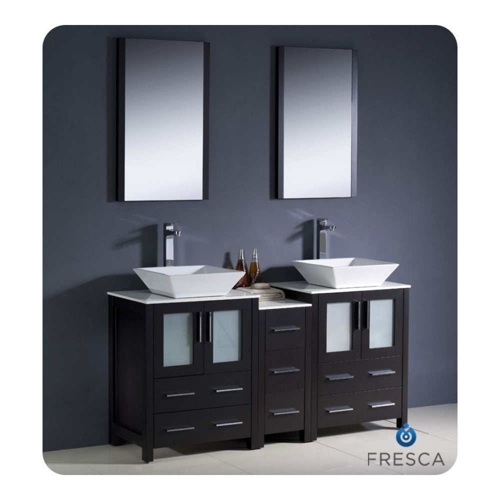 60 Espresso Modern Double Sink Bathroom Vanity w/ Side Cabinet & Vessel Sinks