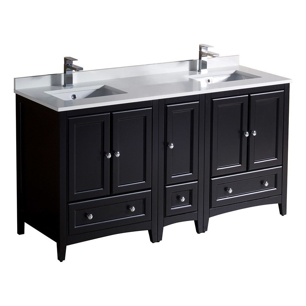60 Espresso Traditional Dbl Sink Bathroom Cabinets, Top, Sinks, FCB20