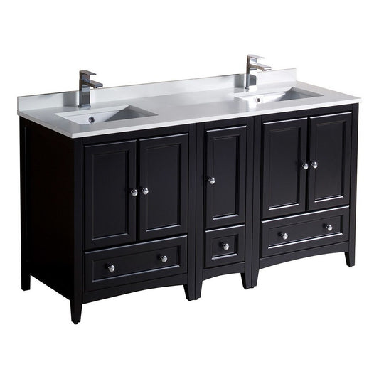 60 Espresso Traditional Dbl Sink Bathroom Cabinets, Top, Sinks, FCB20