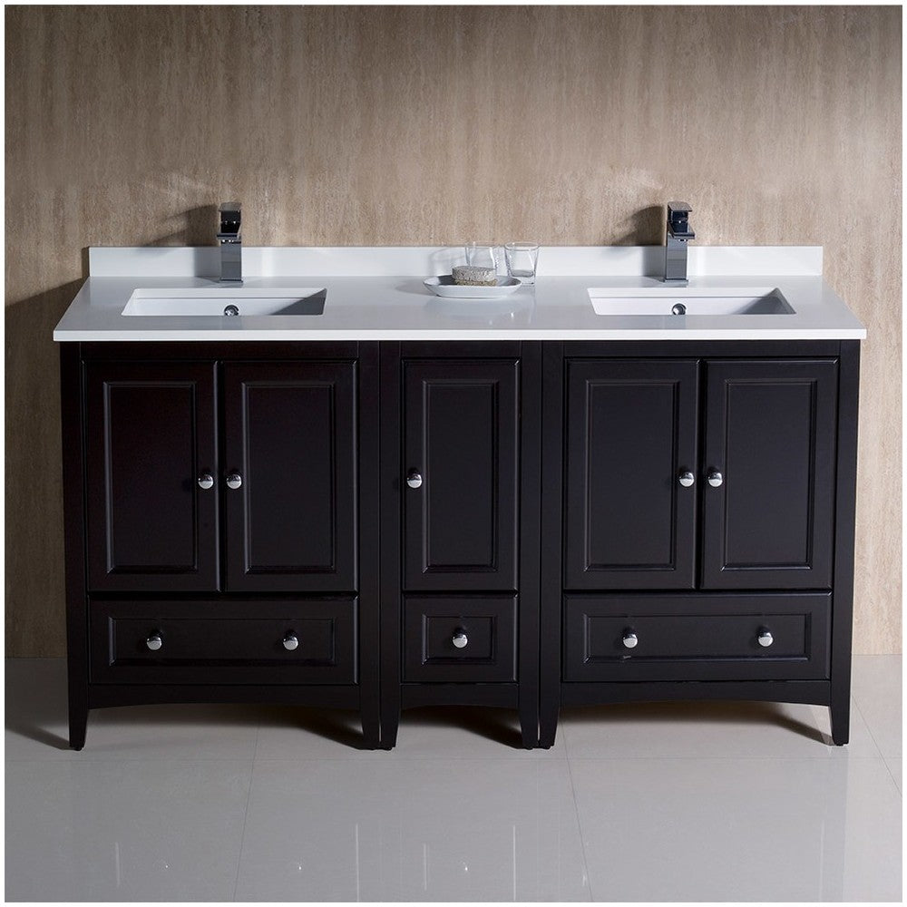 60 Espresso Traditional Dbl Sink Bathroom Cabinets, Top, Sinks, FCB20