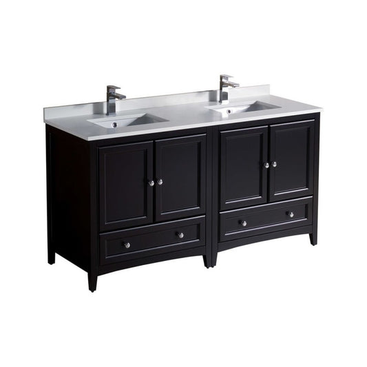 60 Espresso Traditional Dbl Sink Bathroom Cabinets, Top, Sinks