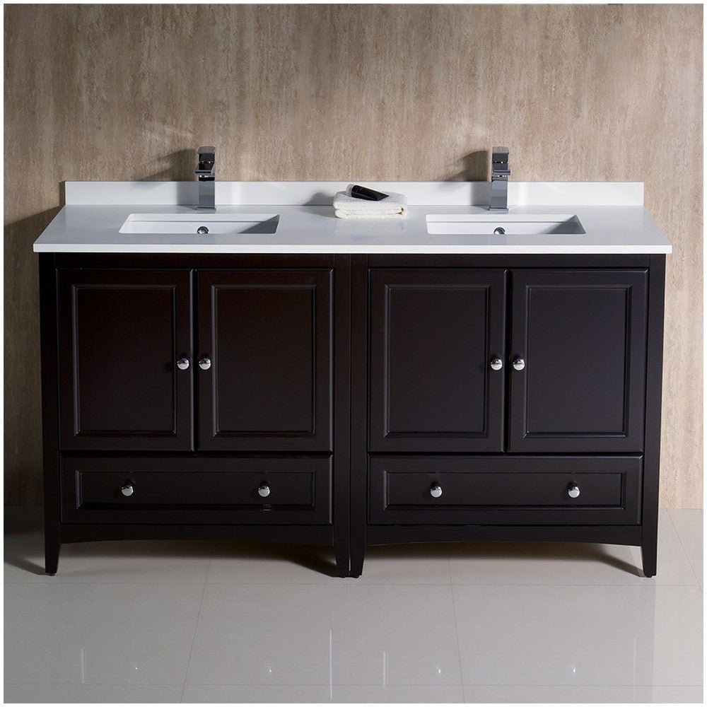 60 Espresso Traditional Dbl Sink Bathroom Cabinets, Top, Sinks