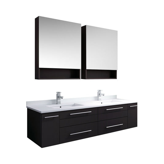 60 Espresso Wall Hung DBL Undermount Sink Bathroom Vanity w/ Medicine Cabinets