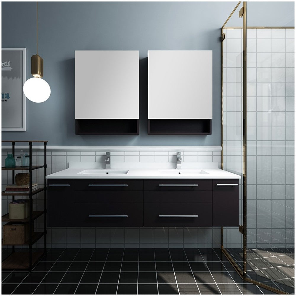 60 Espresso Wall Hung DBL Undermount Sink Bathroom Vanity w/ Medicine Cabinets