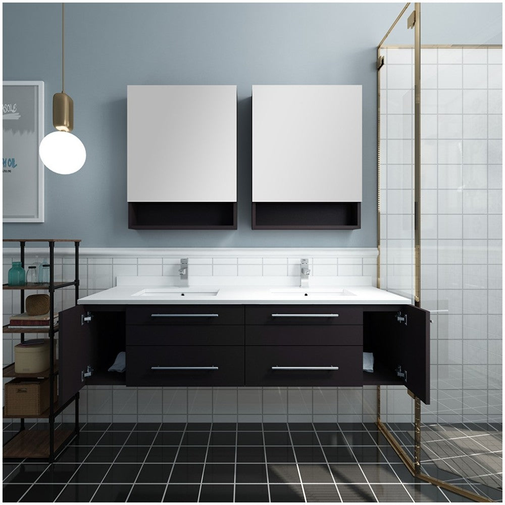 60 Espresso Wall Hung DBL Undermount Sink Bathroom Vanity w/ Medicine Cabinets