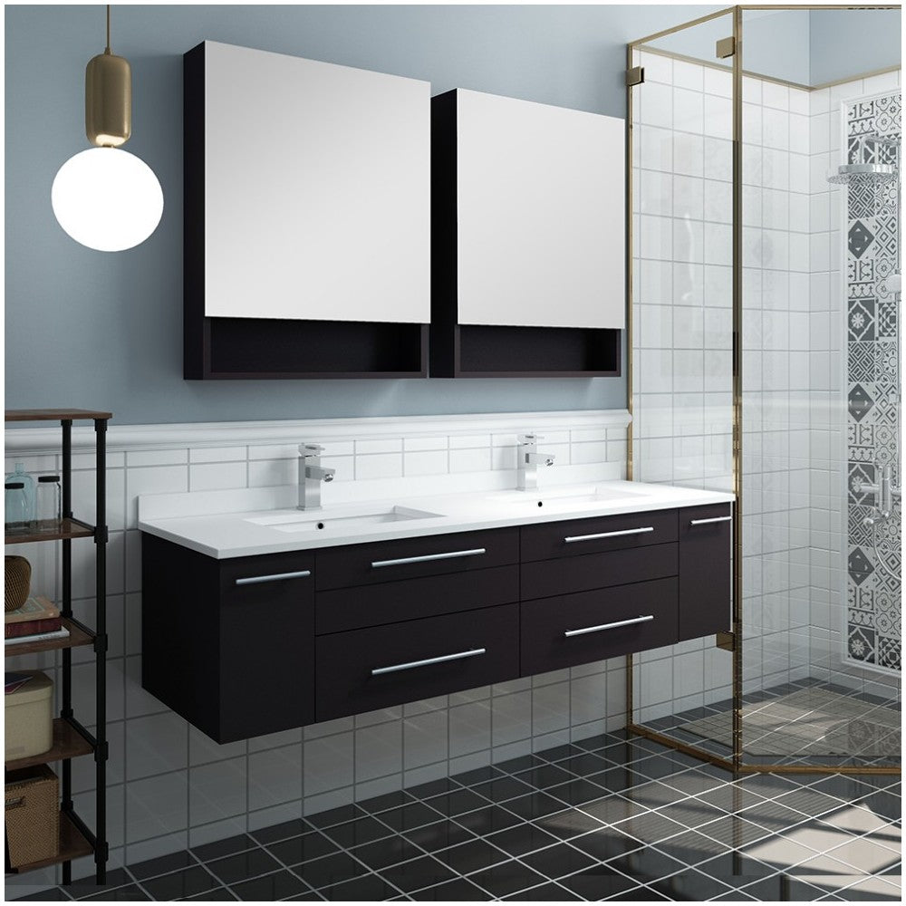 60 Espresso Wall Hung DBL Undermount Sink Bathroom Vanity w/ Medicine Cabinets