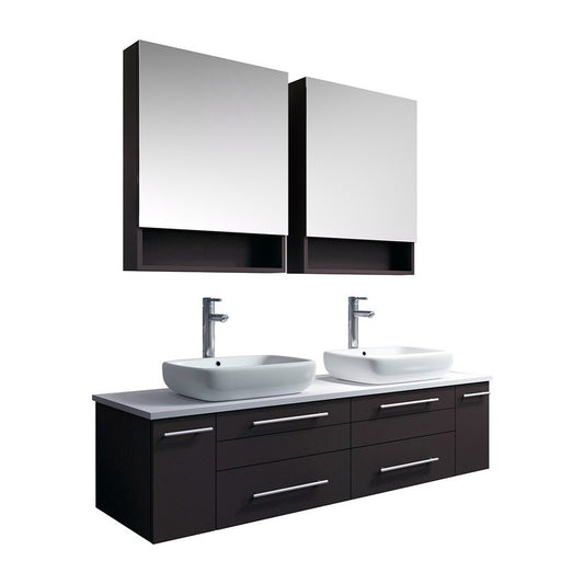 60 Espresso Wall Hung Double Vessel Sink Bathroom Vanity w/ Medicine Cabinets