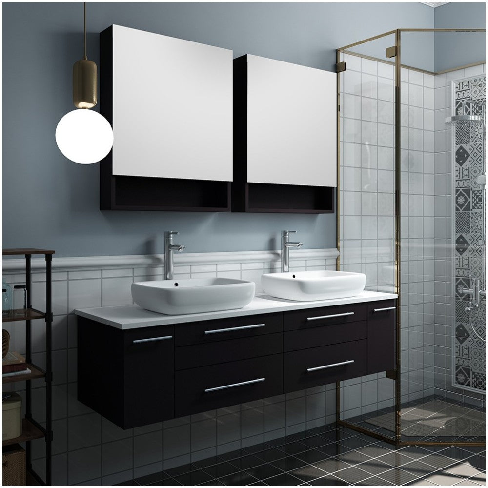 60 Espresso Wall Hung Double Vessel Sink Bathroom Vanity w/ Medicine Cabinets