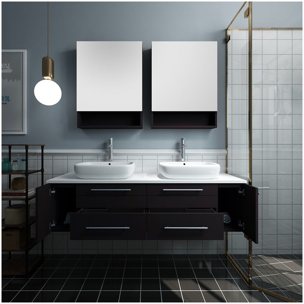 60 Espresso Wall Hung Double Vessel Sink Bathroom Vanity w/ Medicine Cabinets