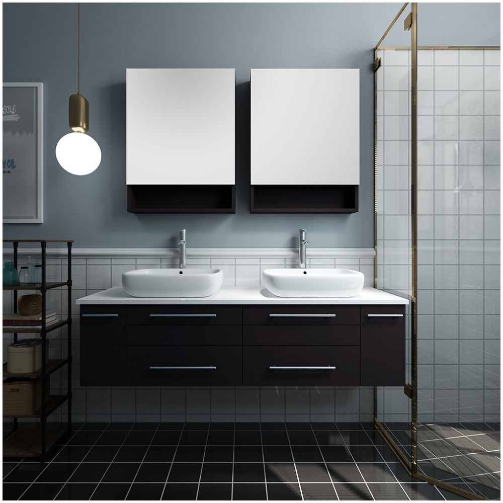 60 Espresso Wall Hung Double Vessel Sink Bathroom Vanity w/ Medicine Cabinets