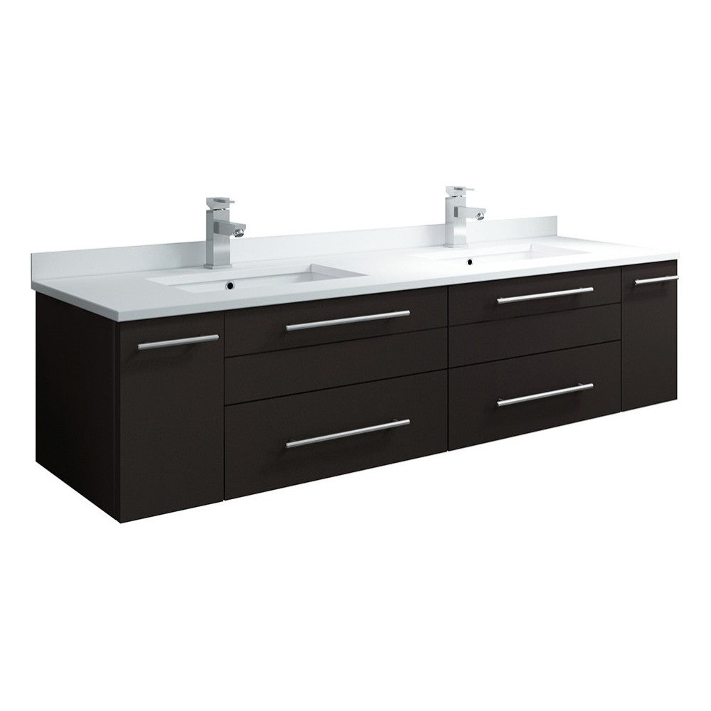 60 Espresso Wall Hung Modern Bathroom Cabinet w/ Top & Double Undermount Sinks