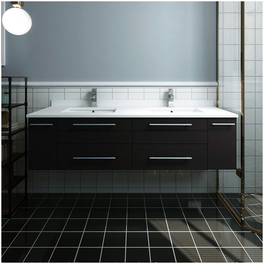 60 Espresso Wall Hung Modern Bathroom Cabinet w/ Top & Double Undermount Sinks