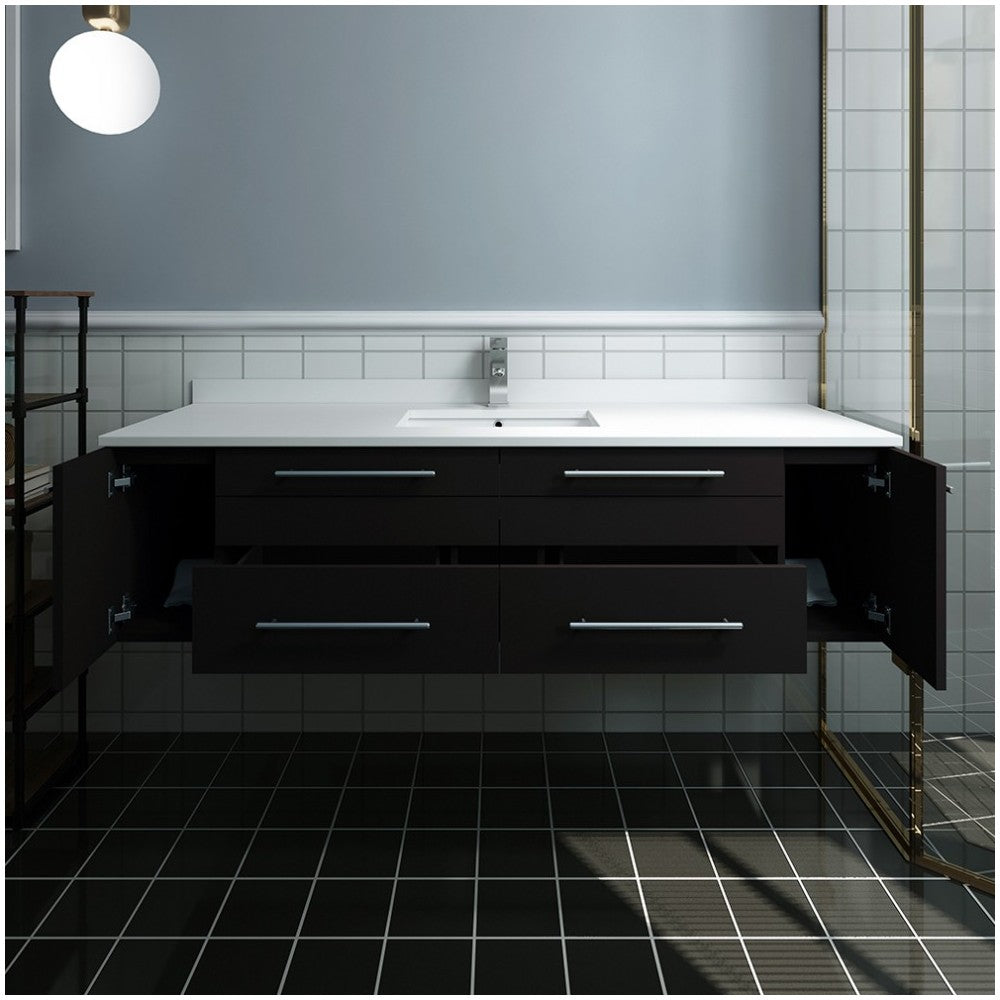 60 Espresso Wall Hung Modern Bathroom Cabinet w/ Top & Single Undermount Sink