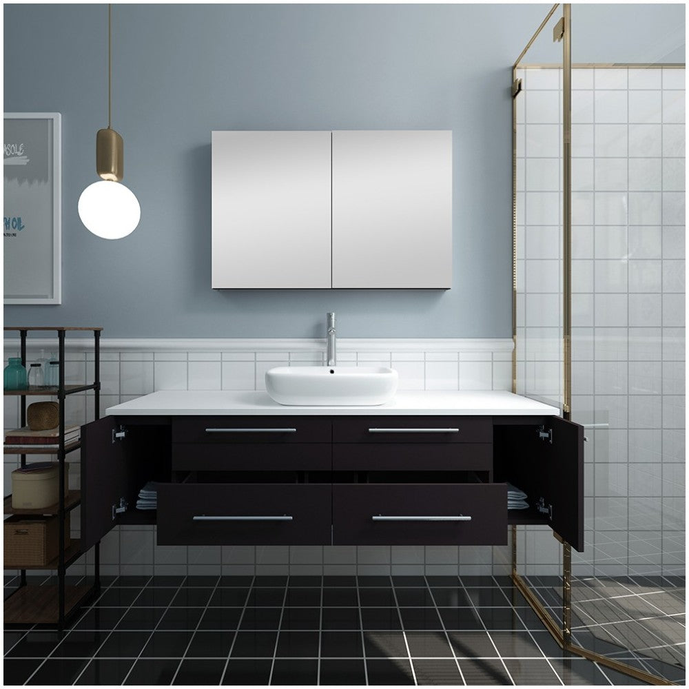 60 Espresso Wall Hung Single Vessel Sink Bathroom Vanity w/ Medicine Cabinet