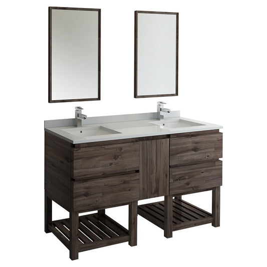 60 Floor Standing Dbl Sink Bathroom Vanity, Open Bottom, Mirrors, Acacia Wood