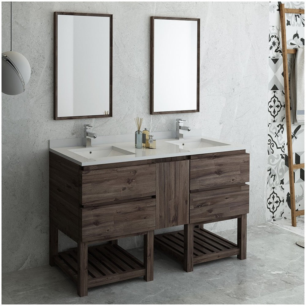 60 Floor Standing Dbl Sink Bathroom Vanity, Open Bottom, Mirrors, Acacia Wood