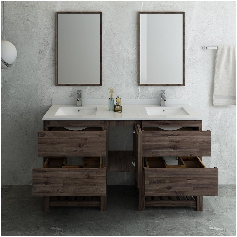 60 Floor Standing Dbl Sink Bathroom Vanity, Open Bottom, Mirrors, Acacia Wood