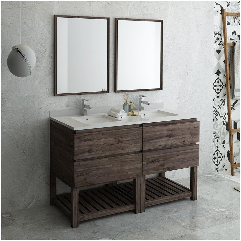 60 Floor Standing Dbl Sink Bathroom Vanity, Open Bottom, Mirrors, Wood