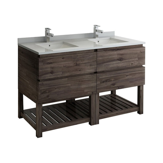 60 Floor Standing Open Bottom Dbl Sink Bathroom Cabinet, Top, Sinks, Acacia Wood