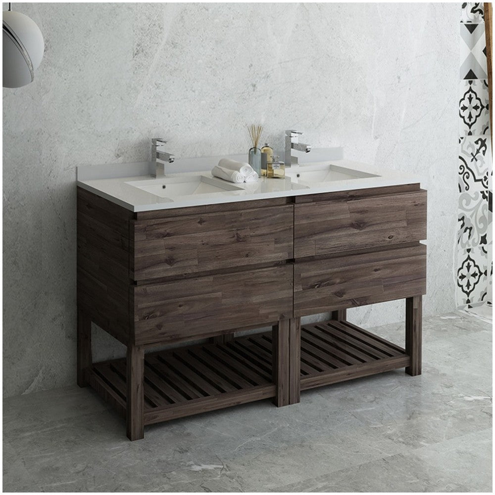60 Floor Standing Open Bottom Dbl Sink Bathroom Cabinet, Top, Sinks, Acacia Wood