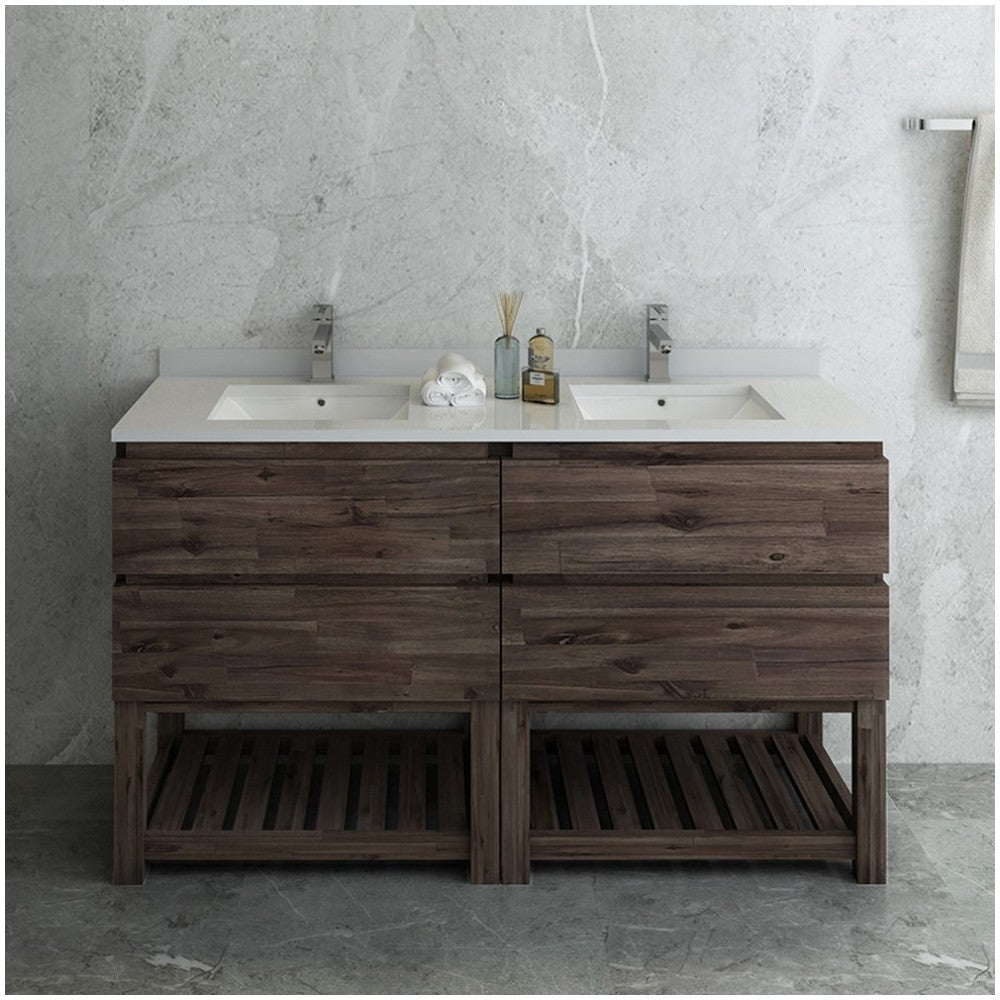 60 Floor Standing Open Bottom Dbl Sink Bathroom Cabinet, Top, Sinks, Acacia Wood