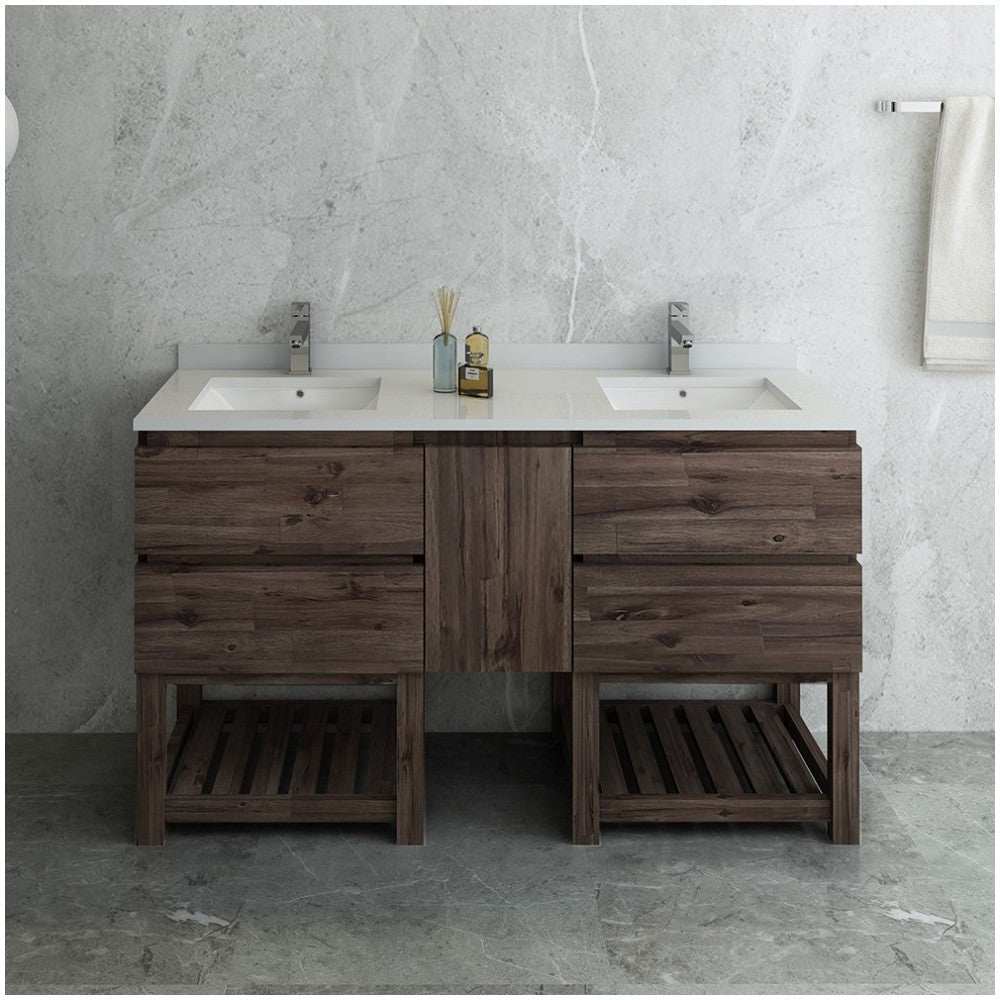60 Floor Standing Open Bottom Dbl Sink Bathroom Cabinet, Top, Sinks, Wood