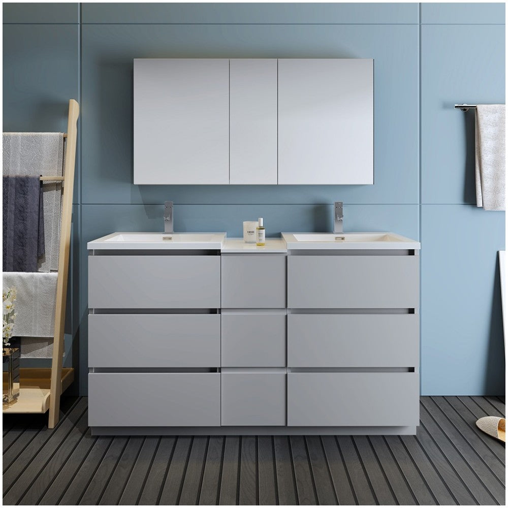 60 Gray Free Standing Dbl Sink Bathroom Vanity, Medicine Cabinet