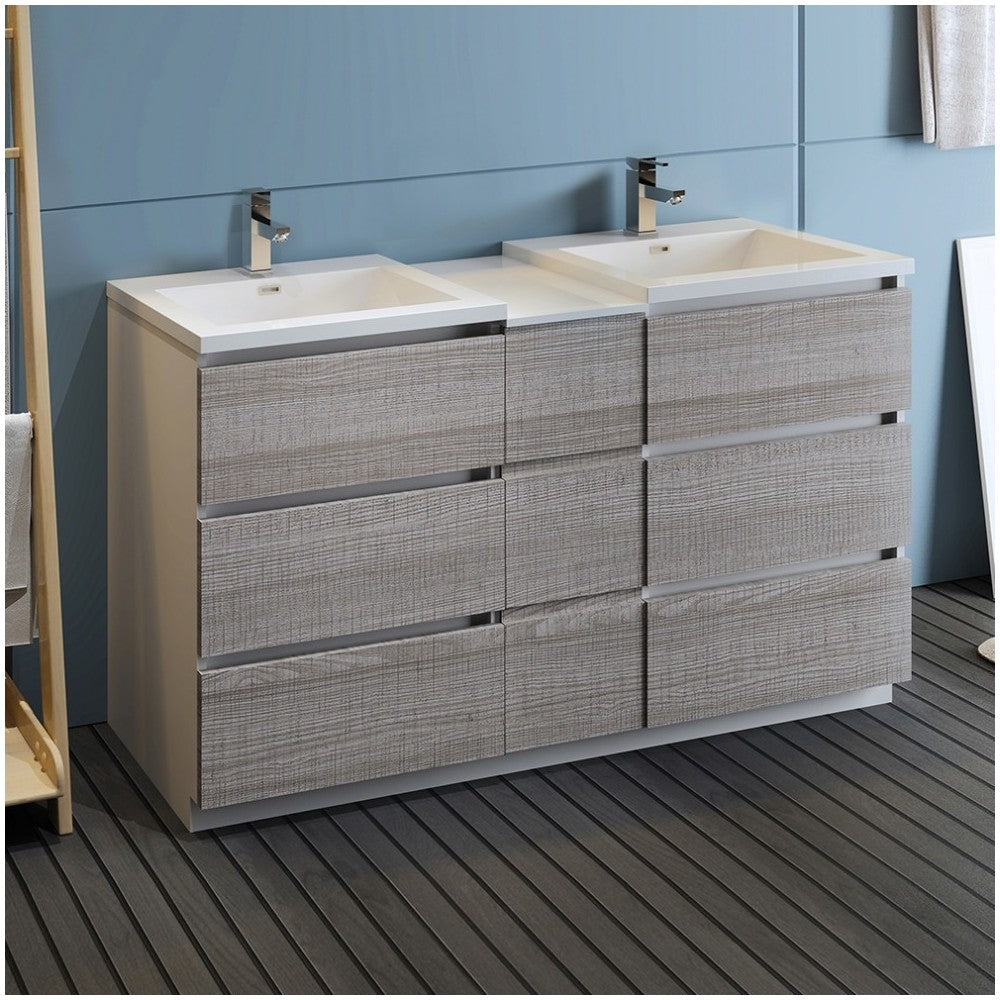 60 Gray Free Standing Dbl Sink Modern Bathroom Cabinet, Integrated Sinks, Senza
