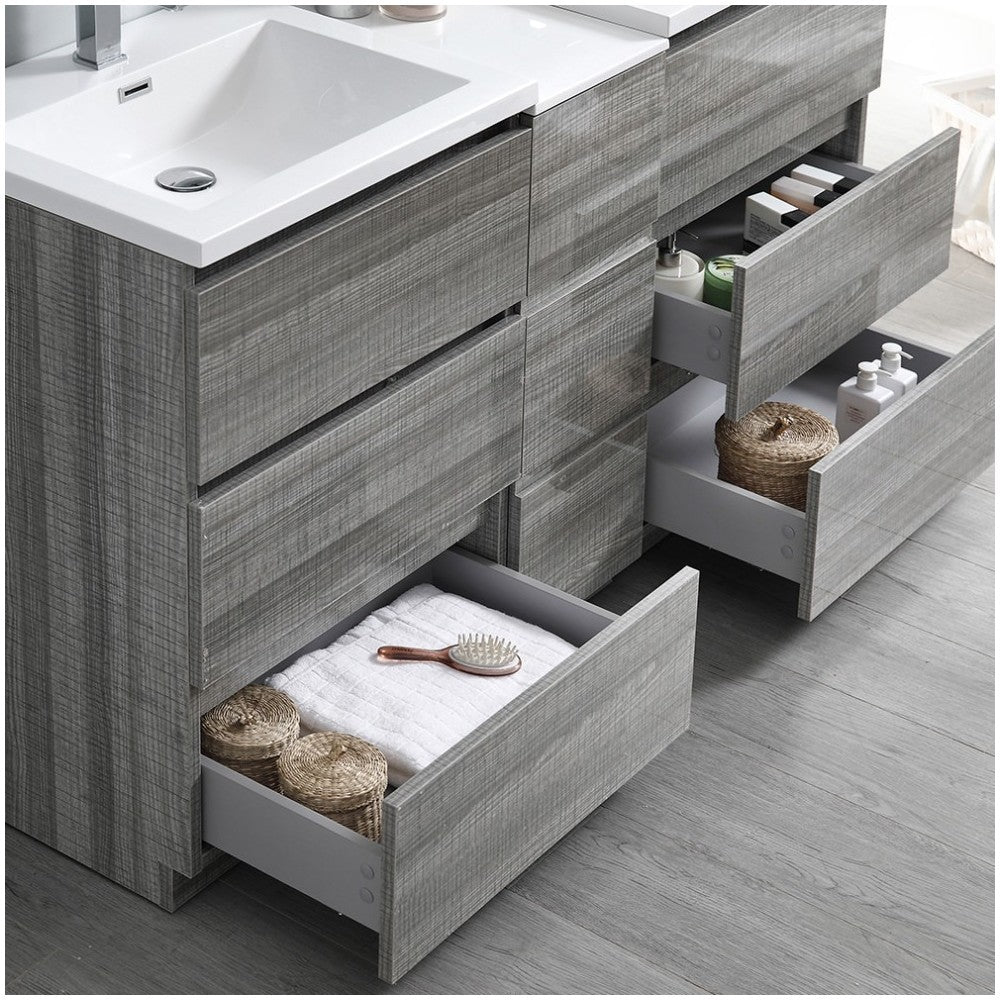 60 Gray Free Standing Dbl Sink Modern Bathroom Cabinet, Integrated Sinks, Senza