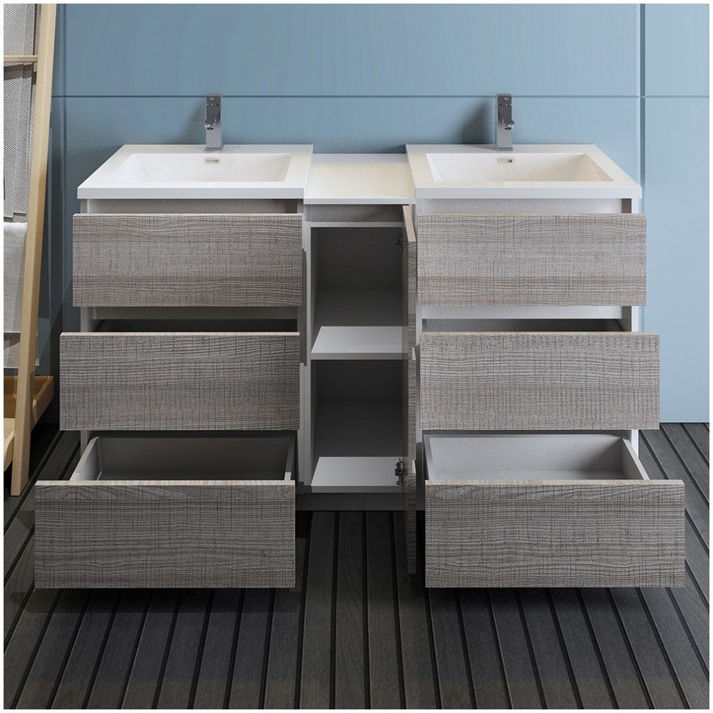 60 Gray Free Standing Dbl Sink Modern Bathroom Cabinet, Integrated Sinks, Senza