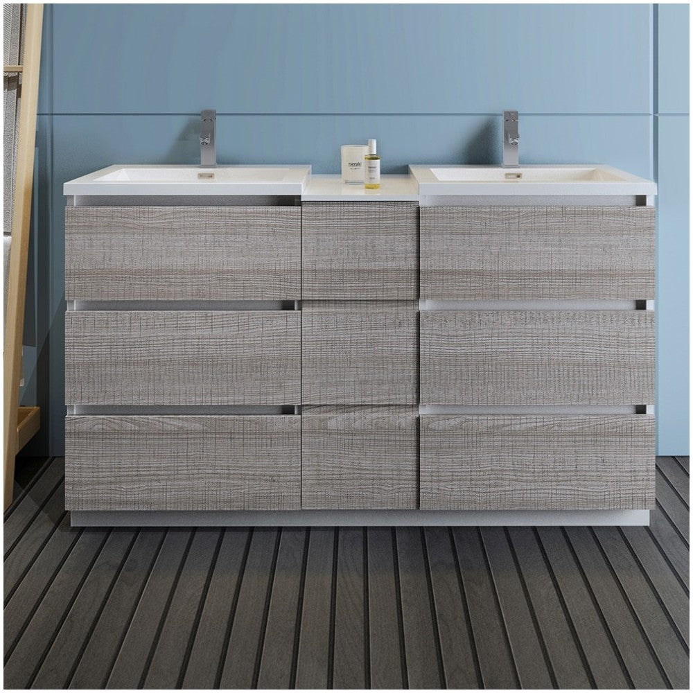 60 Gray Free Standing Dbl Sink Modern Bathroom Cabinet, Integrated Sinks, Senza
