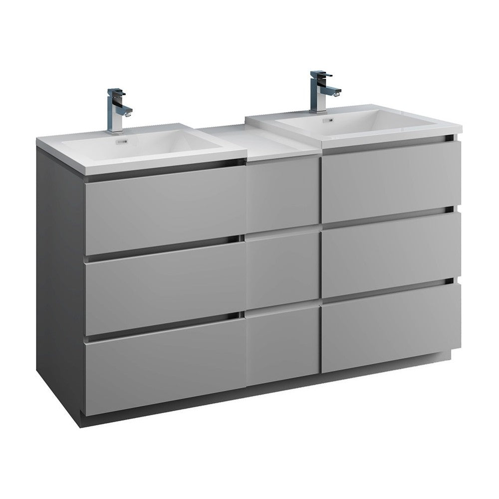 60 Gray Free Standing Double Sink Modern Bathroom Cabinet w/ Integrated Sinks