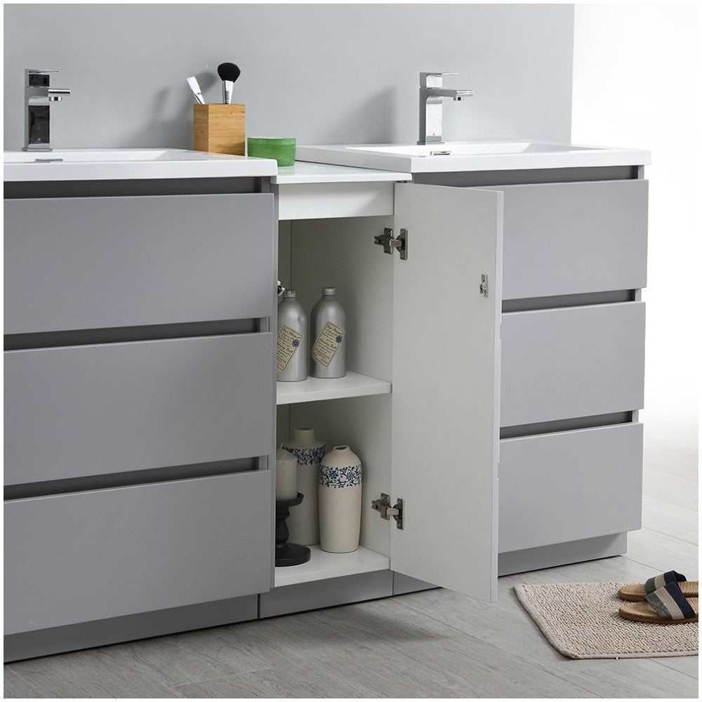 60 Gray Free Standing Double Sink Modern Bathroom Cabinet w/ Integrated Sinks