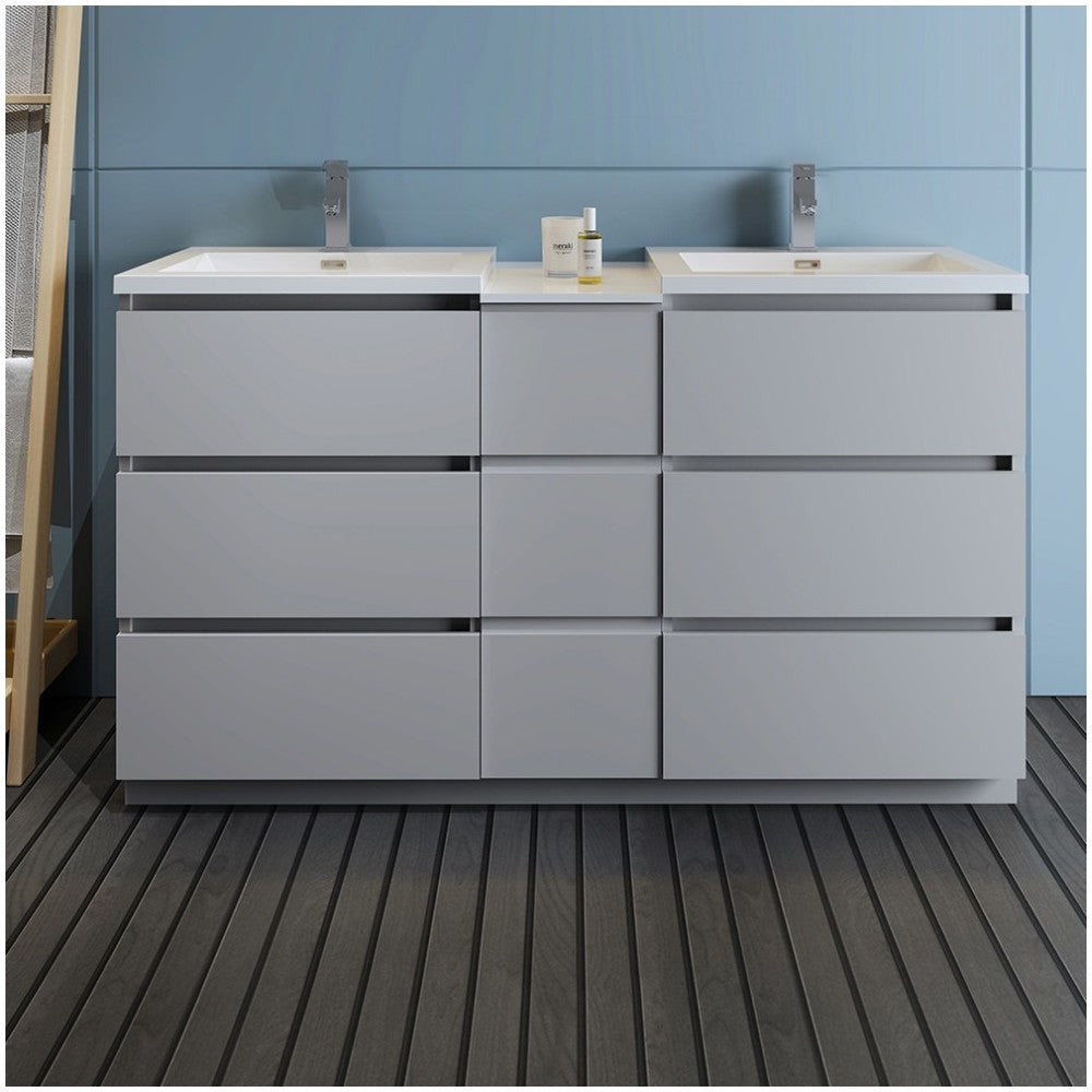 60 Gray Free Standing Double Sink Modern Bathroom Cabinet w/ Integrated Sinks