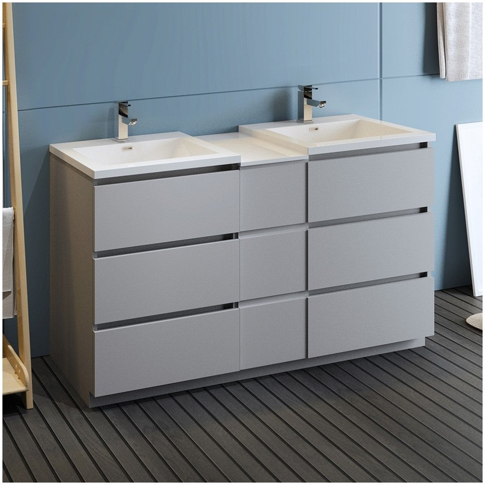 60 Gray Free Standing Double Sink Modern Bathroom Cabinet w/ Integrated Sinks