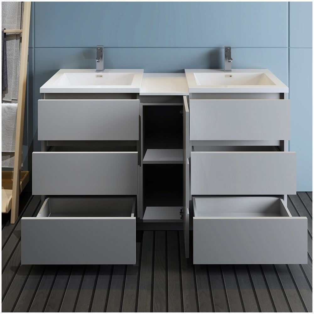 60 Gray Free Standing Double Sink Modern Bathroom Cabinet w/ Integrated Sinks