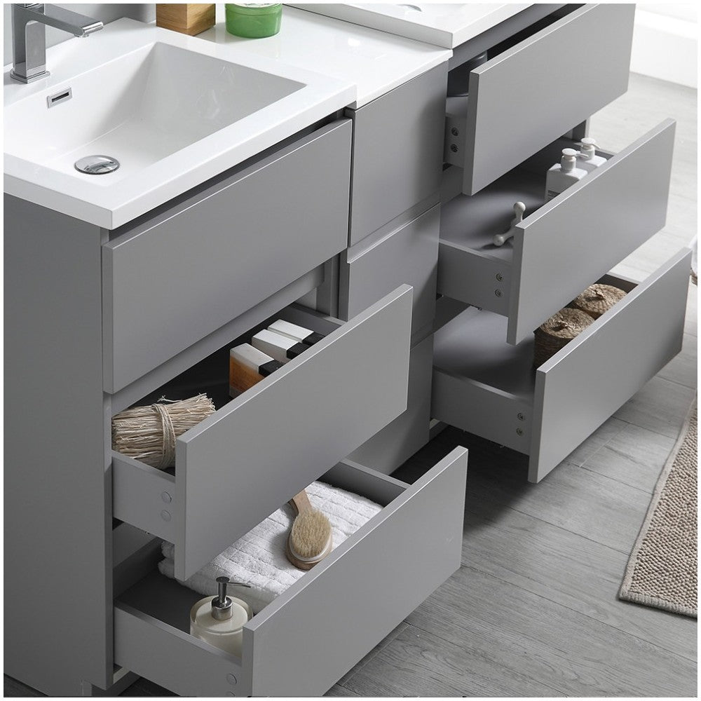 60 Gray Free Standing Double Sink Modern Bathroom Cabinet w/ Integrated Sinks