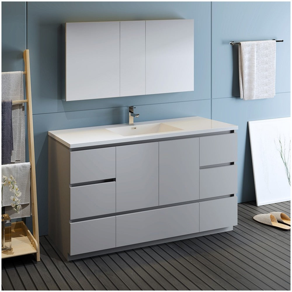 60 Gray Free Standing Single Sink Modern Bathroom Vanity w/ Medicine Cabinet