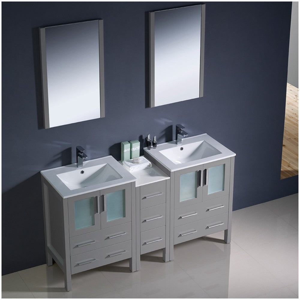 60 Gray Modern Double Sink Bathroom Vanity w/ Side Cabinet & Integrated Sinks