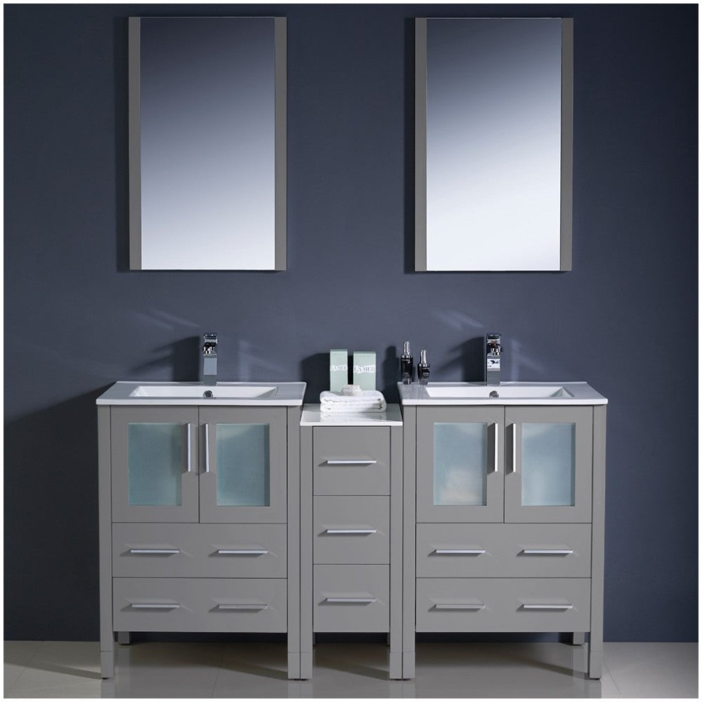 60 Gray Modern Double Sink Bathroom Vanity w/ Side Cabinet & Integrated Sinks