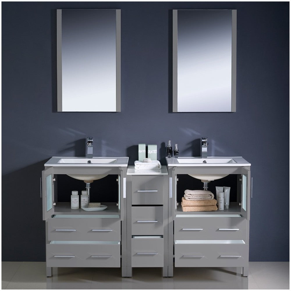 60 Gray Modern Double Sink Bathroom Vanity w/ Side Cabinet & Integrated Sinks