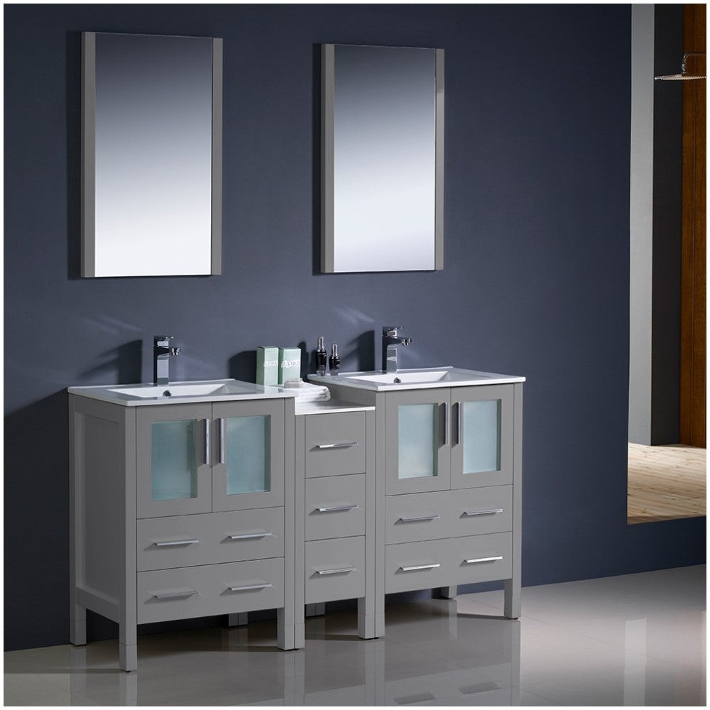 60 Gray Modern Double Sink Bathroom Vanity w/ Side Cabinet & Integrated Sinks