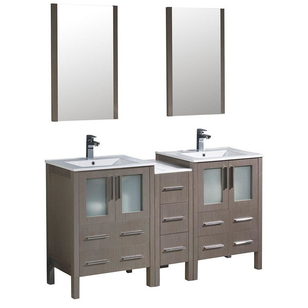 60 Gray Oak Double Sink Bathroom Vanity w/ Side Cabinet & Integrated Sinks