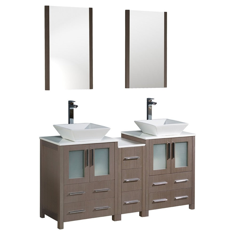 60 Gray Oak Modern Double Sink Bathroom Vanity w/ Side Cabinet & Vessel Sinks