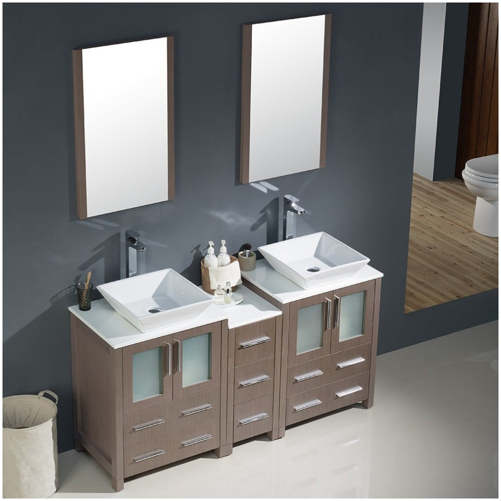 60 Gray Oak Modern Double Sink Bathroom Vanity w/ Side Cabinet & Vessel Sinks