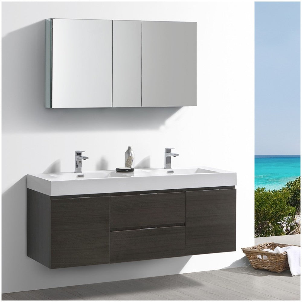 60 Gray Oak Wall Hung Double Sink Modern Bathroom Vanity w/ Medicine Cabinet